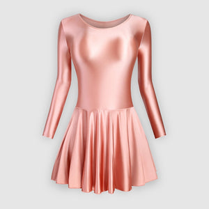Front view of coral pink leotard dress featuring a scoop neckline, a scoop back cut, long sleeves, and an attached skirt.