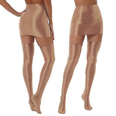 Back and front view of lady wearing wet look brown mini skirts with matching thigh high stockings.