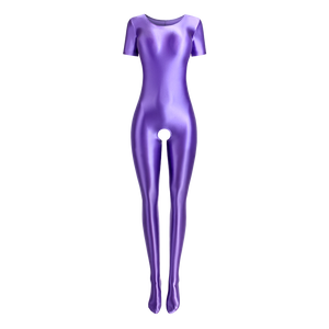 Front view of purple wet look body hugging catsuit featuring a round neckline, short sleeves, and stretchy and smooth fabric for all-day comfort and an open crotch.