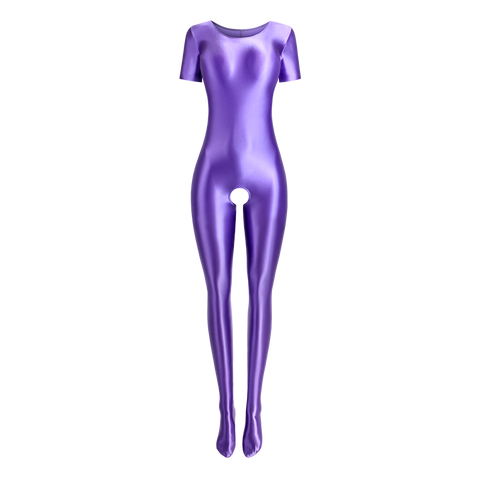 Holle Purple Wet Look Crotchless Catsuit-satinylust