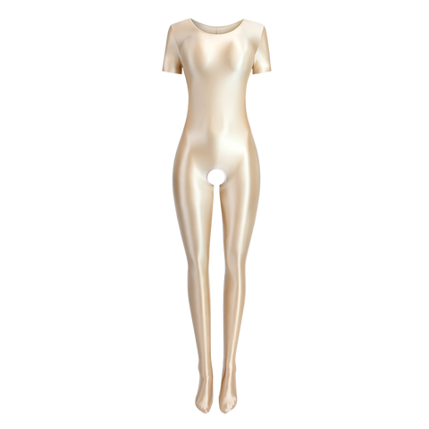 Front view of beige wet look body hugging catsuit featuring a round neckline, short sleeves, and stretchy and smooth fabric for all-day comfort and an open crotch.