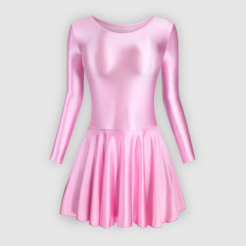 Front view of pink leotard dress featuring a scoop neckline, a scoop back cut, long sleeves, and an attached skirt.