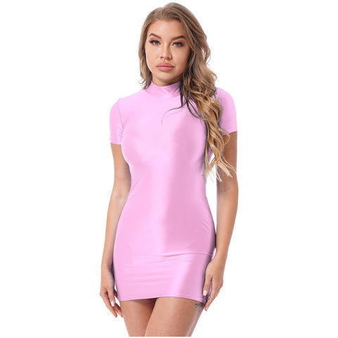 Hera Pink Wet Look Party Dress-satinylust