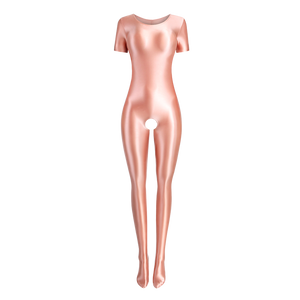 Front view of baby pink wet look body hugging catsuit featuring a round neckline, short sleeves, and stretchy and smooth fabric for all-day comfort and an open crotch.