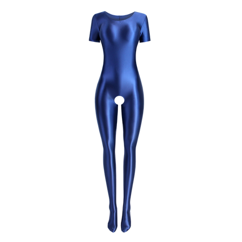 Front view of blue wet look body hugging catsuit featuring a round neckline, short sleeves, and stretchy and smooth fabric for all-day comfort and an open crotch.