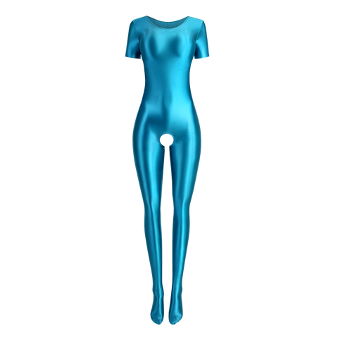 Front view of teal color wet look body hugging catsuit featuring a round neckline, short sleeves, and stretchy and smooth fabric for all-day comfort and an open crotch.