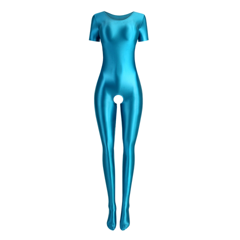 Holle Teal Wet Look Crotchless Catsuit-satinylust