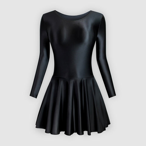 Front view of black leotard dress featuring a scoop neckline, a scoop back cut, long sleeves, and an attached skirt.