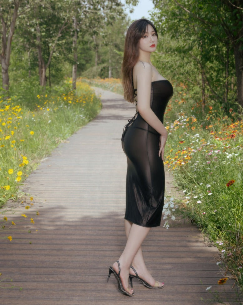 wet sheer dress Cybele Midnight Wet Look Tube Dress – Satinylust