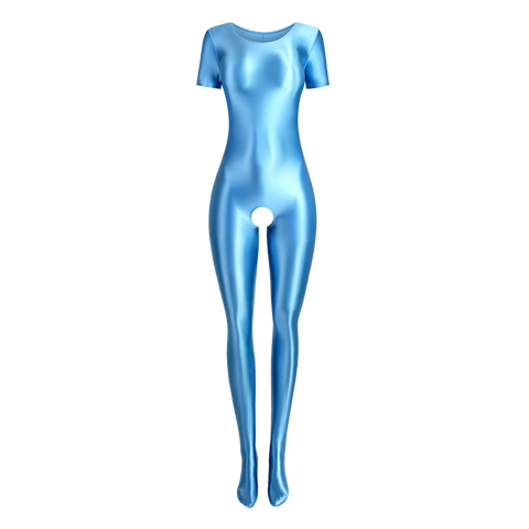 Front view of aqua color wet look body hugging catsuit featuring a round neckline, short sleeves, and stretchy and smooth fabric for all-day comfort and an open crotch.