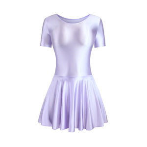 Front view of lavender leotard dress featuring a scoop neckline, a scoop back cut, short sleeves, and an attached skirt.