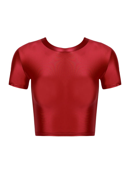 Front view of maroon crop top featuring a round neckline, short sleeves, and a stretchy and glossy fabric.