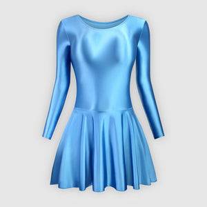 Front view of blue leotard dress featuring a scoop neckline, a scoop back cut, long sleeves, and an attached skirt.