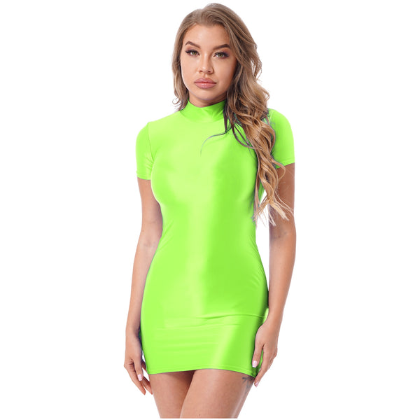 Front view of lady wearing lime green wet look mini dress featuring a high neckline, short sleeves, and seductive glossy fabric. 