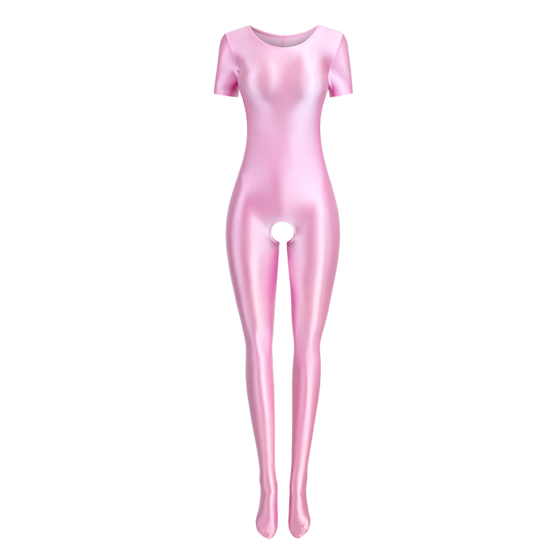 Front view of pink wet look body hugging catsuit featuring a round neckline, short sleeves, and stretchy and smooth fabric for all-day comfort and an open crotch.