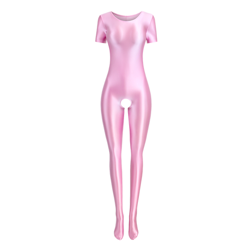 Front view of pink wet look body hugging catsuit featuring a round neckline, short sleeves, and stretchy and smooth fabric for all-day comfort and an open crotch.