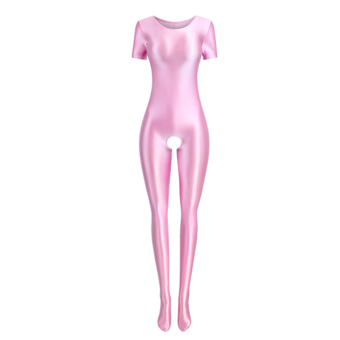 Holle Pink Wet Look Crotchless Catsuit-satinylust