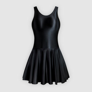 Front view of black leotard dress featuring a scoop neckline, a scoop back cut, thick shoulder straps, and an attached skirt.