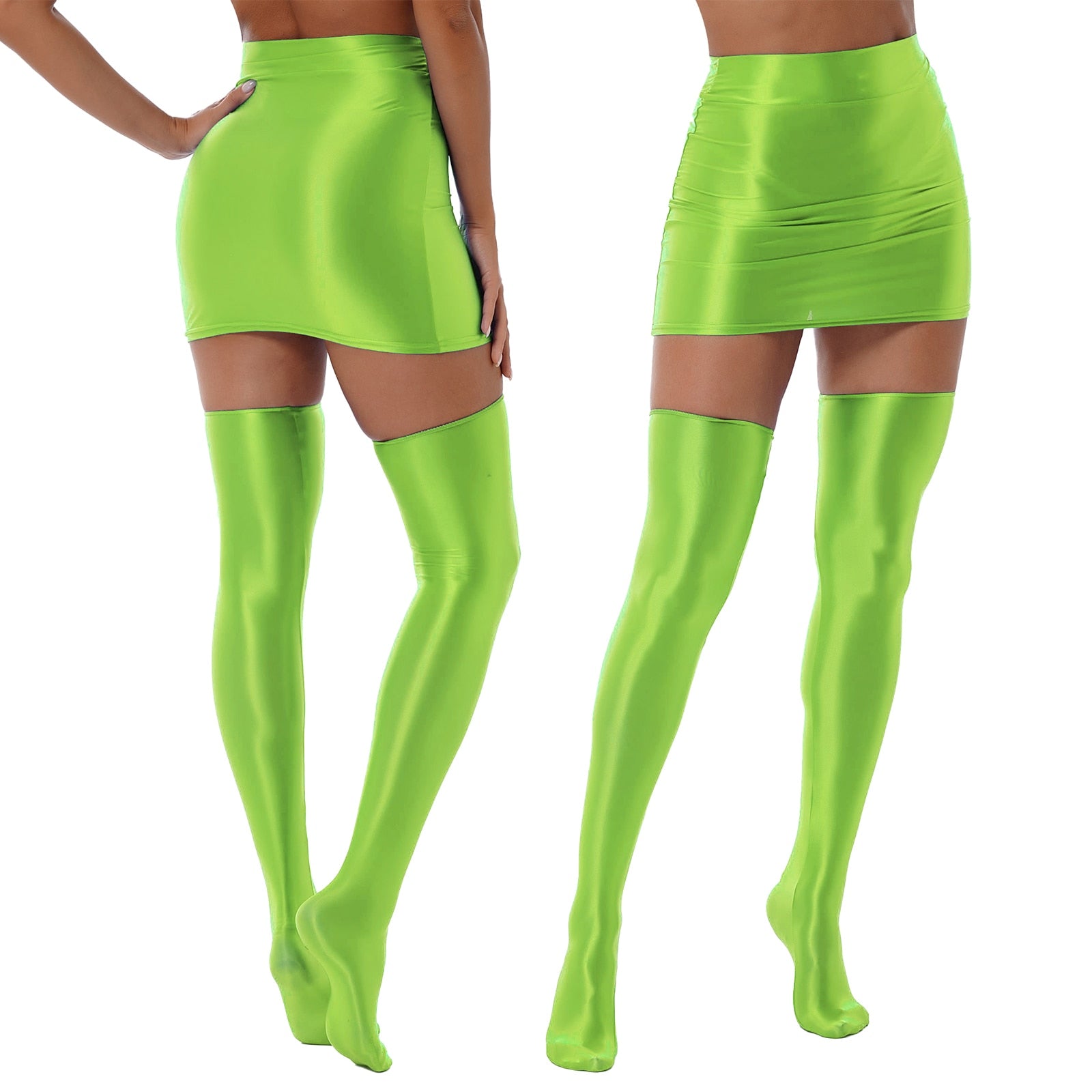 Back and front view of lady wearing wet look green mini skirts with matching thigh high stockings.