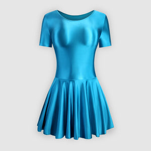 Front view of turquoise leotard dress featuring a scoop neckline, a scoop back cut, short sleeves, and an attached skirt.