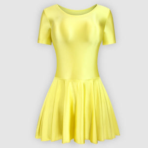 Front view of yellow leotard dress featuring a scoop neckline, a scoop back cut, short sleeves, and an attached skirt.