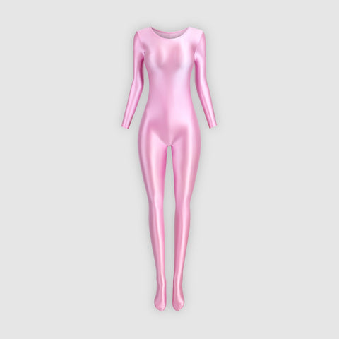 Front view of wet look pink catsuit featuring a scoop neckline, long sleeves, and a stretchy glossy fabric that hugs your body like a second skin.