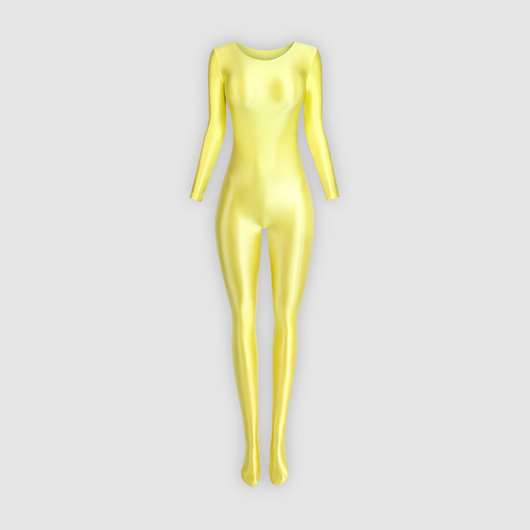 Front view of yellow wet look catsuit featuring a scoop neckline, long sleeves, and a stretchy glossy fabric that hugs your body like a second skin.