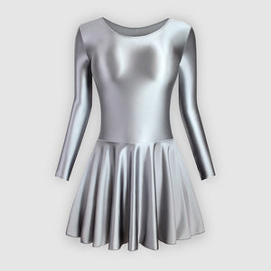 Front view of grey leotard dress featuring a scoop neckline, a scoop back cut, long sleeves, and an attached skirt.