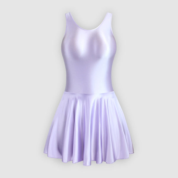 Front view of lavender leotard dress featuring a scoop neckline, a scoop back cut, thick shoulder straps, and an attached skirt.