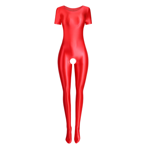 Front view of red wet look body hugging catsuit featuring a round neckline, short sleeves, and stretchy and smooth fabric for all-day comfort and an open crotch.
