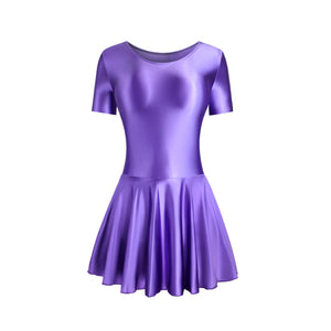 Front view of purple leotard dress featuring a scoop neckline, a scoop back cut, short sleeves, and an attached skirt.