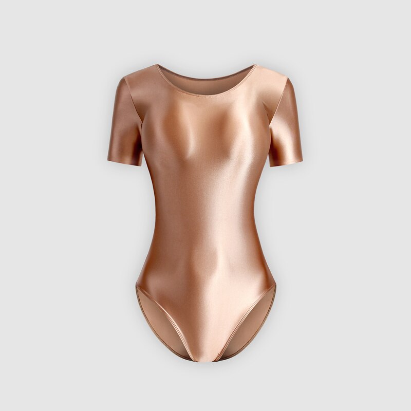 Front view of a brown wet look leotard featuring a scoop neckline, short sleeves and a cheeky cut back.