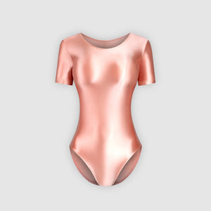 Front view of a pink wet look leotard featuring a scoop neckline, short sleeves and a cheeky cut back.
