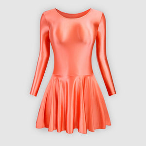 Front view of coral leotard dress featuring a scoop neckline, a scoop back cut, long sleeves, and an attached skirt.