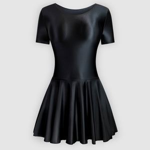 Front view of black leotard dress featuring a scoop neckline, a scoop back cut, short sleeves, and an attached skirt.