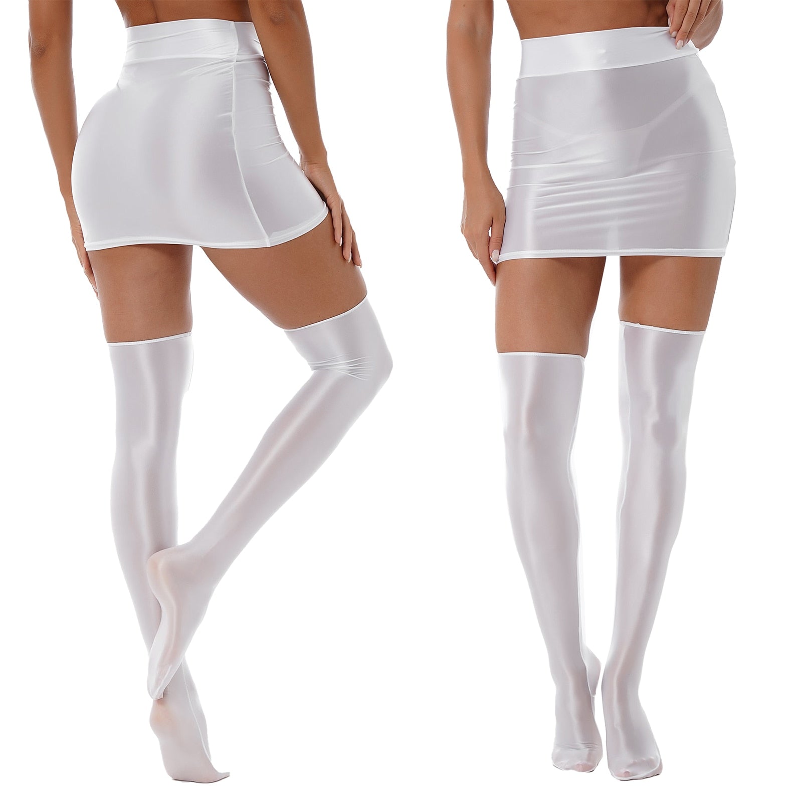 Back and front view of lady wearing wet look white mini skirts with matching thigh high stockings.