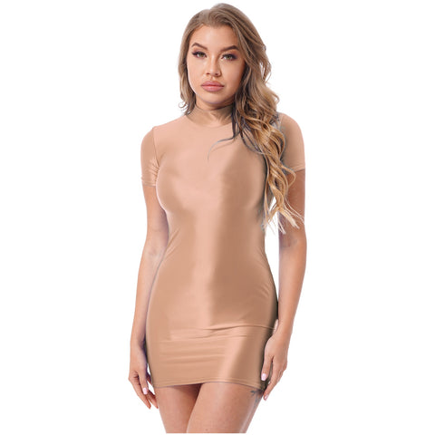 Hera Coffee Wet Look Party Dress-satinylust