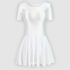 Front view of white leotard dress featuring a scoop neckline, a scoop back cut, short sleeves, and an attached skirt.