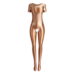 Front view of coffee color wet look body hugging catsuit featuring a round neckline, short sleeves, and stretchy and smooth fabric for all-day comfort and an open crotch.
