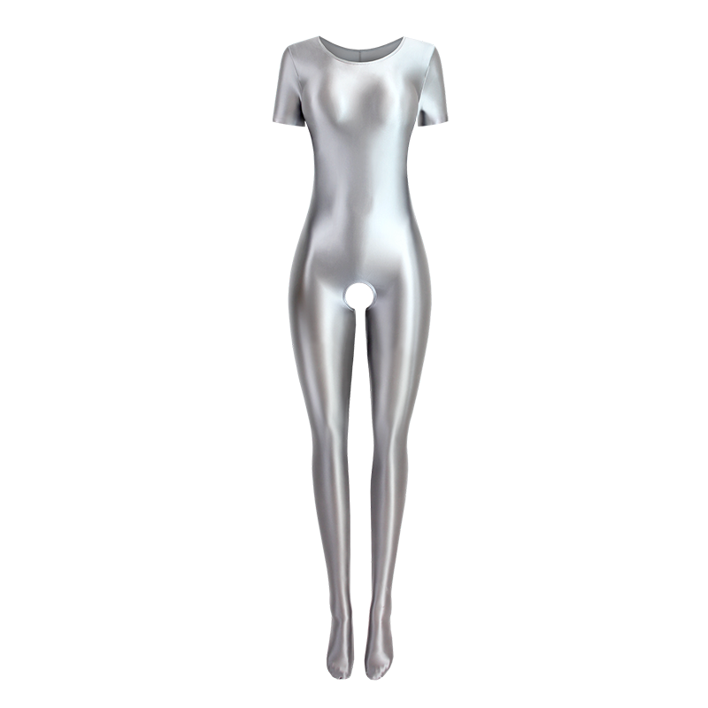 Holle Silvery Wet Look Crotchless Catsuit-satinylust