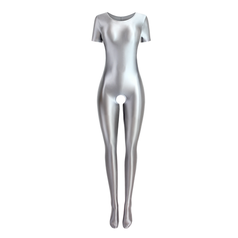 Front view of silver wet look body hugging catsuit featuring a round neckline, short sleeves, and stretchy and smooth fabric for all-day comfort and an open crotch.