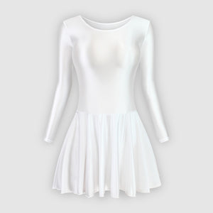 Front view of white leotard dress featuring a scoop neckline, a scoop back cut, long sleeves, and an attached skirt.
