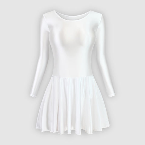 Front view of white leotard dress featuring a scoop neckline, a scoop back cut, long sleeves, and an attached skirt.
