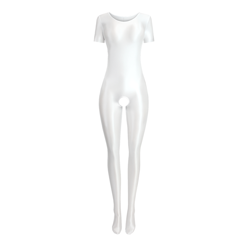 Front view of white wet look body hugging catsuit featuring a round neckline, short sleeves, and stretchy and smooth fabric for all-day comfort and an open crotch.