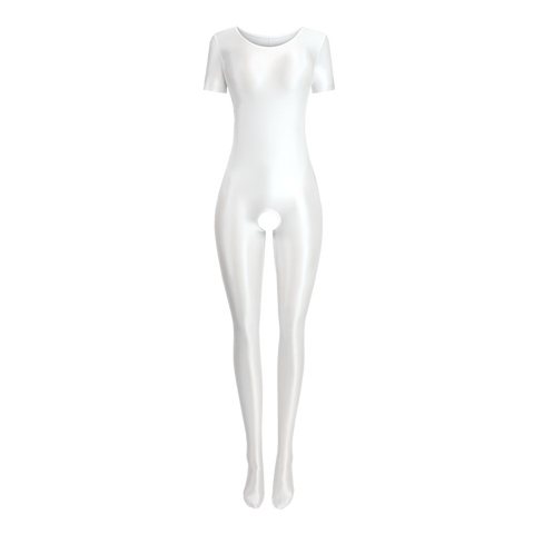 Front view of white wet look body hugging catsuit featuring a round neckline, short sleeves, and stretchy and smooth fabric for all-day comfort and an open crotch.