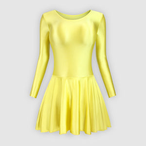 Front view of yellow leotard dress featuring a scoop neckline, a scoop back cut, long sleeves, and an attached skirt.