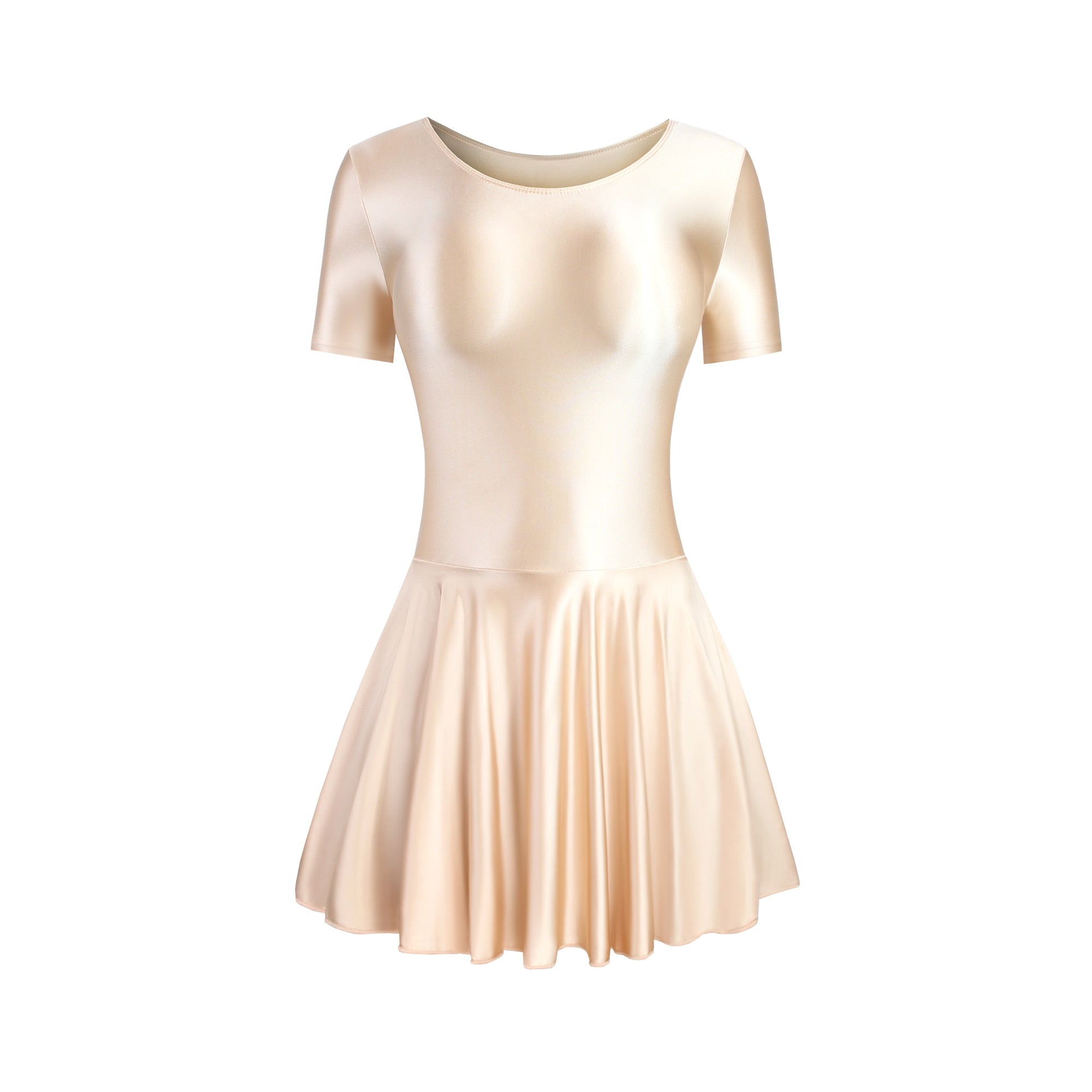 Front view of champagne leotard dress featuring a scoop neckline, a scoop back cut, short sleeves, and an attached skirt.