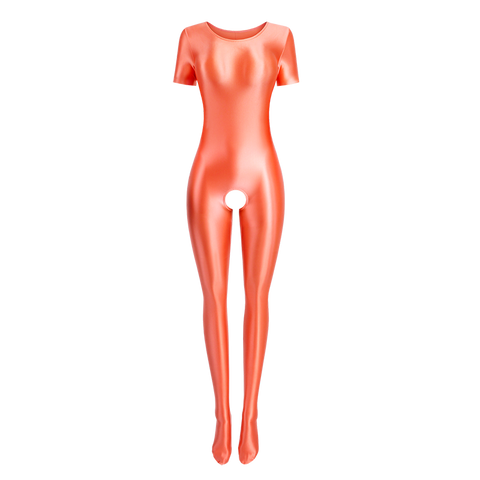 Front view of coral wet look body hugging catsuit featuring a round neckline, short sleeves, and stretchy and smooth fabric for all-day comfort and an open crotch.