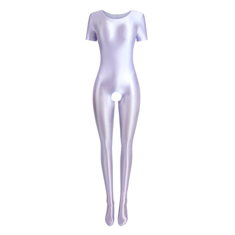 Front view of lavender wet look body hugging catsuit featuring a round neckline, short sleeves, and stretchy and smooth fabric for all-day comfort and an open crotch.