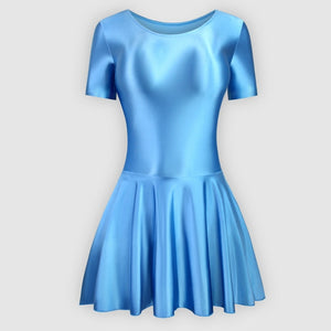 Front view of blue leotard dress featuring a scoop neckline, a scoop back cut, short sleeves, and an attached skirt.